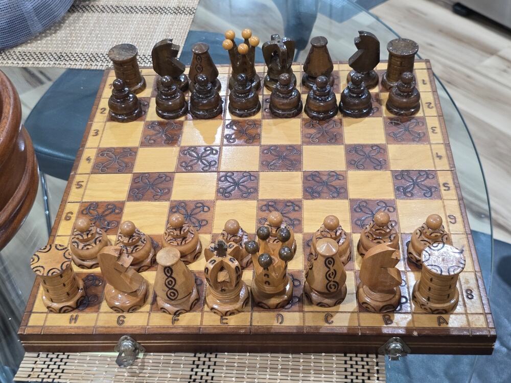 Mid-Century Hand Carved Wooden Chess Set w/ Matching Game Board case